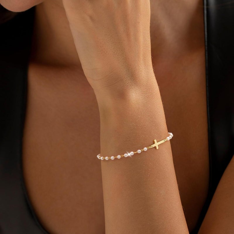 Moodear Valentines Day Gifts for Her, Dainty 925 Sterling Silver/14k Gold Plated CZ Cross Bracelet Layered Snake Pearl Chain Knot Bracelets for Women Trendy Religious Christian Jewelry - Image 4